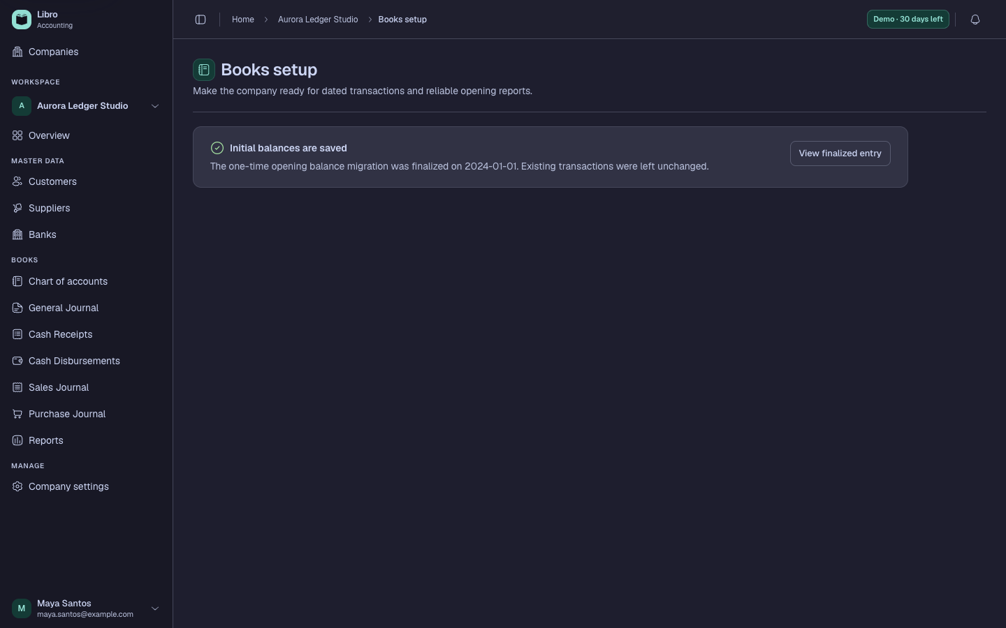 Libro accounting settings showing the start date and posting defaults