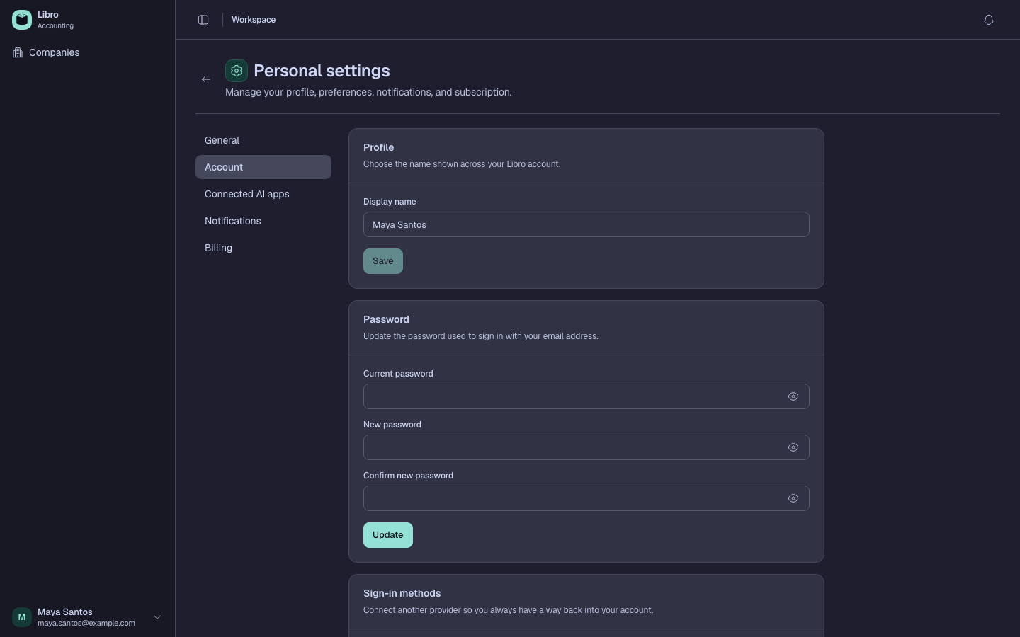 Synthetic account security settings in dark mode