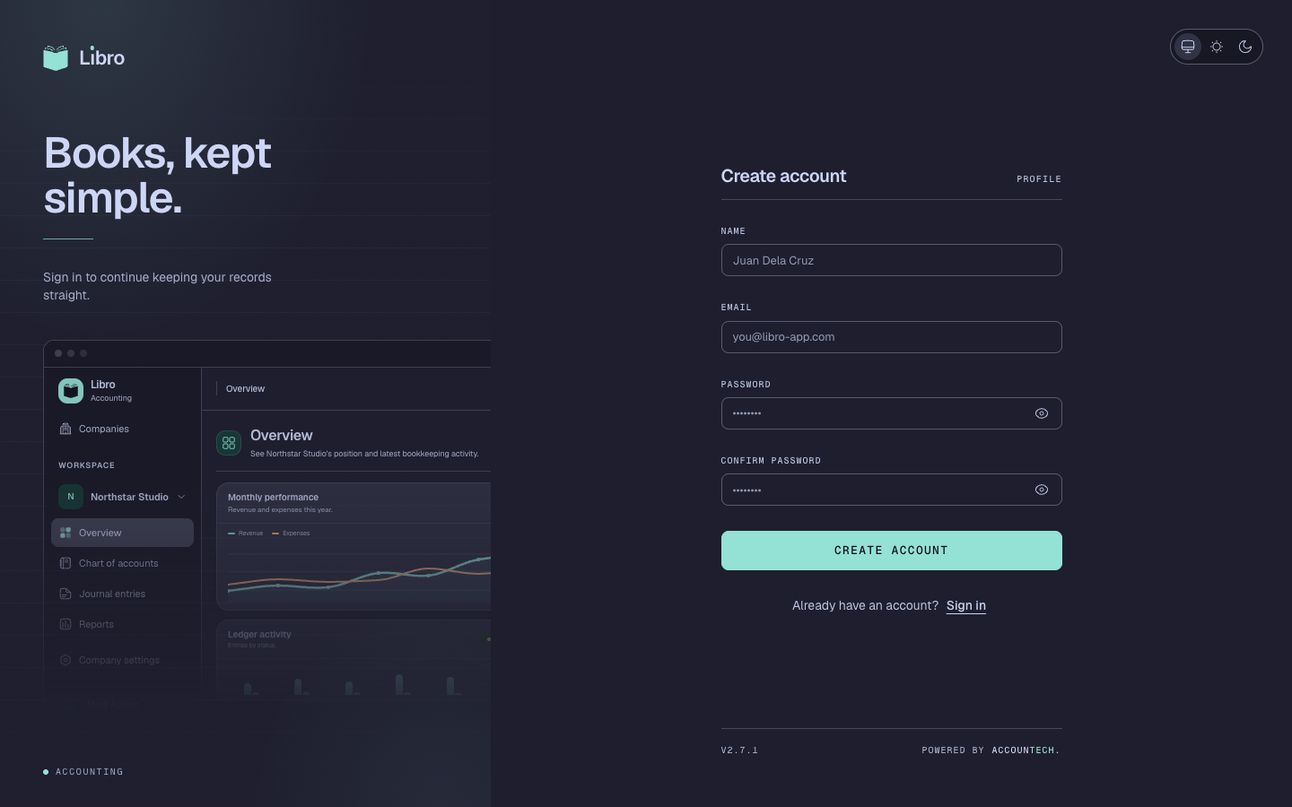 Libro sign-up screen in dark mode