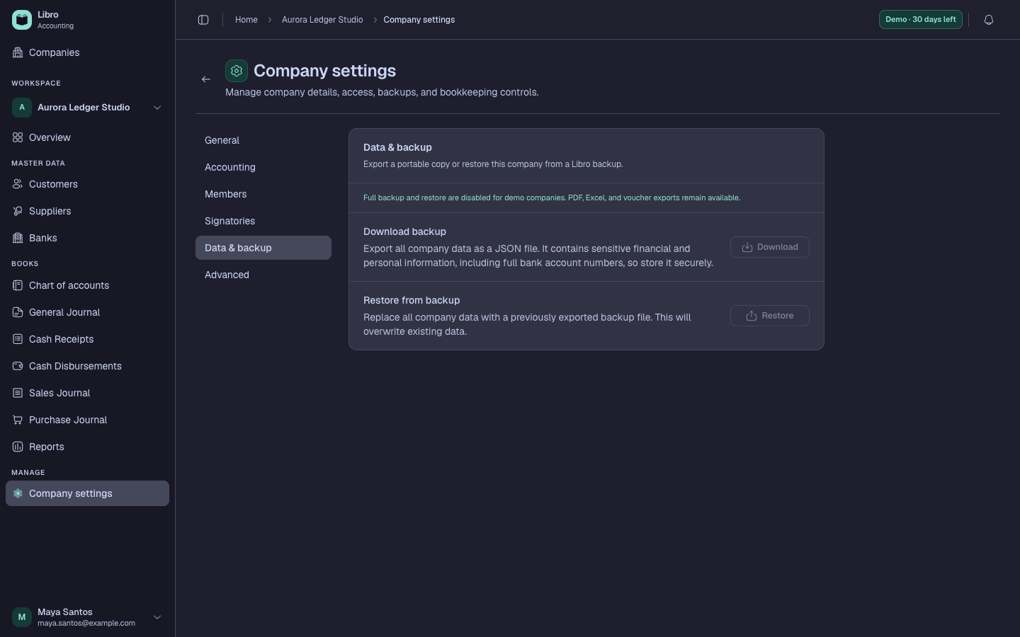 Synthetic data and backup settings in dark mode
