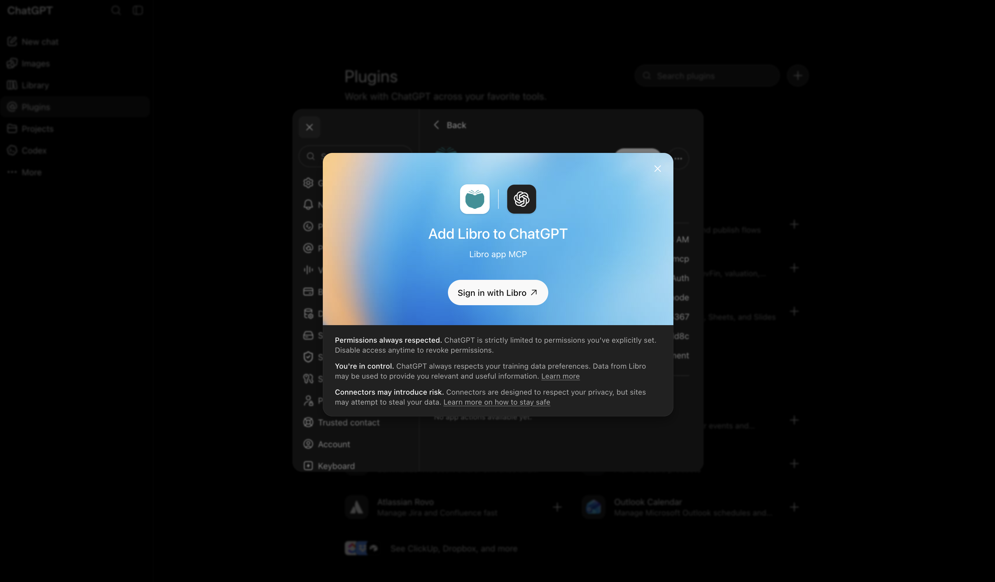 ChatGPT confirmation screen with the Sign in with Libro button
