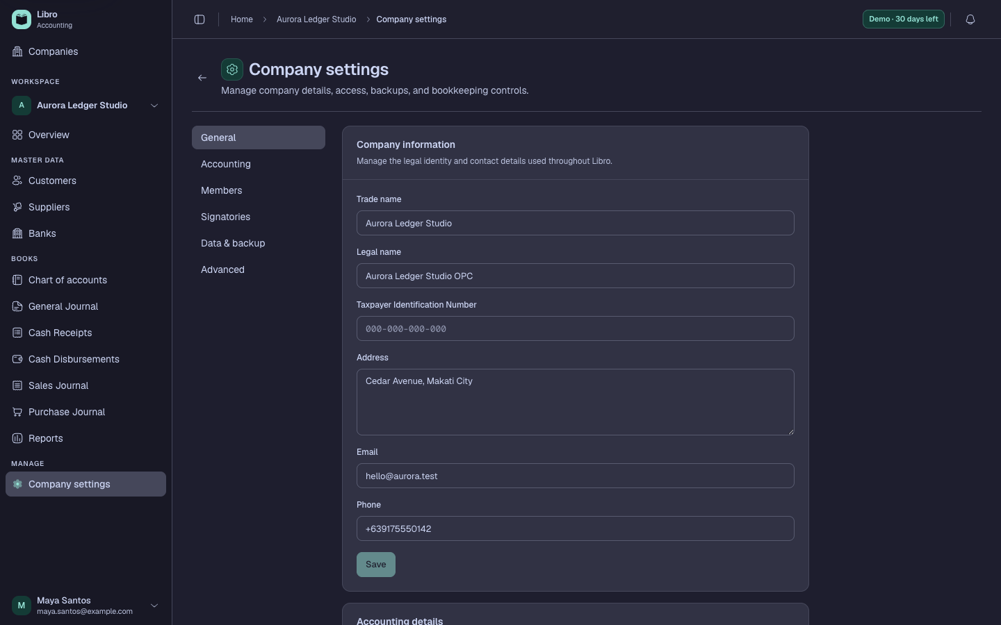 Synthetic company settings in dark mode