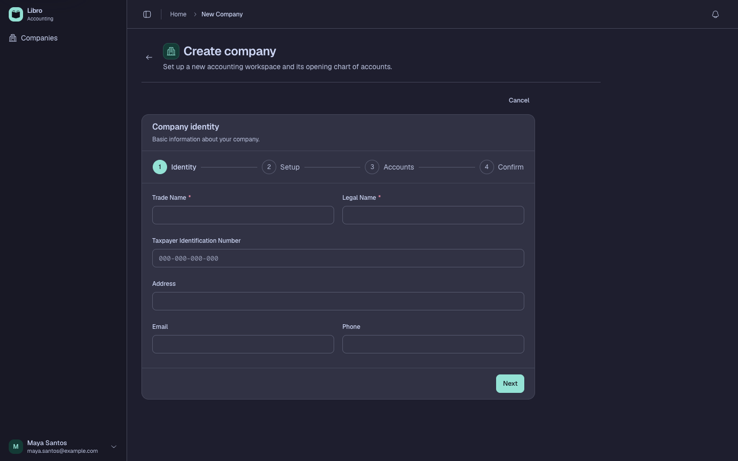 Synthetic company setup form in dark mode