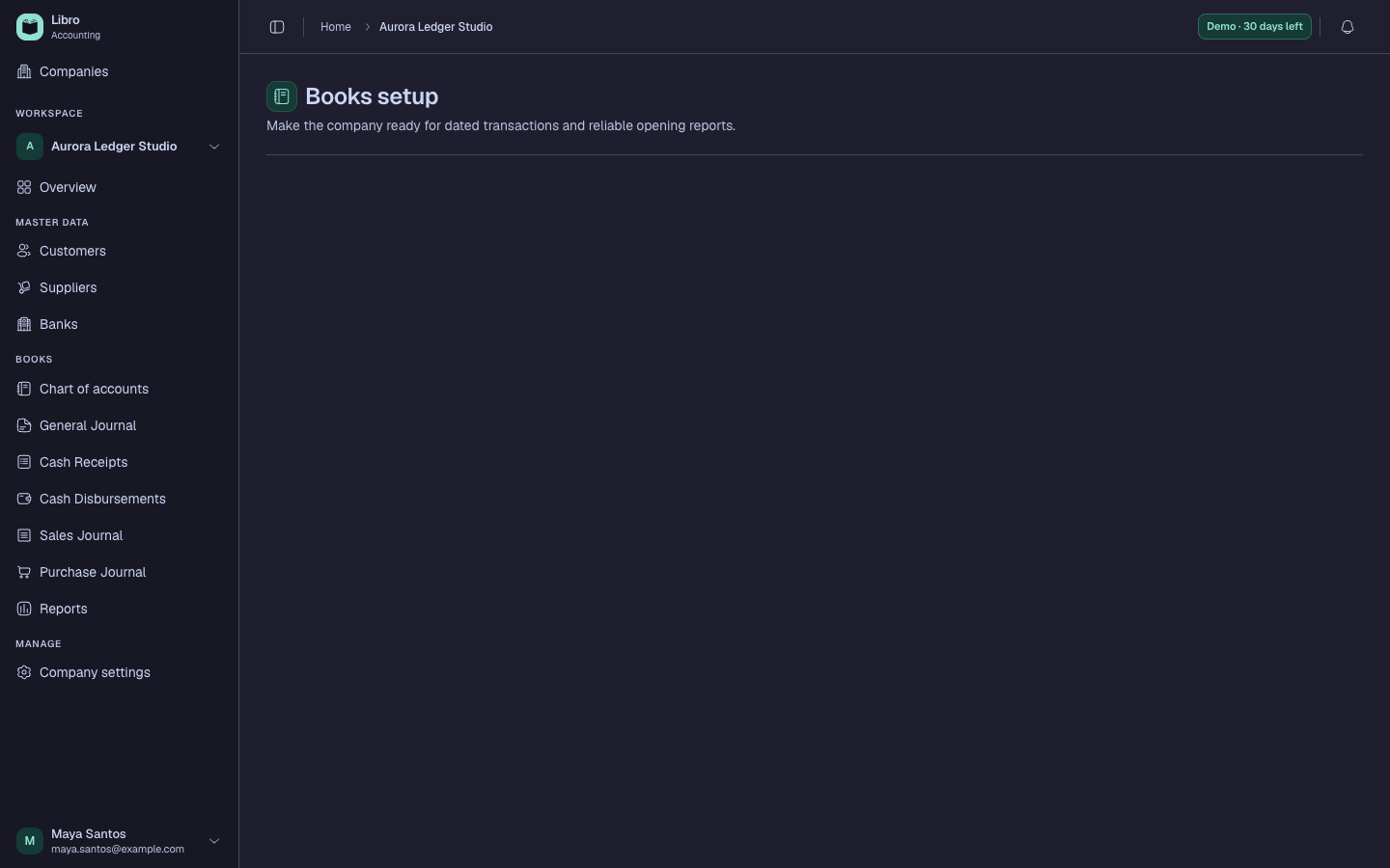 Synthetic opening balances screen in dark mode