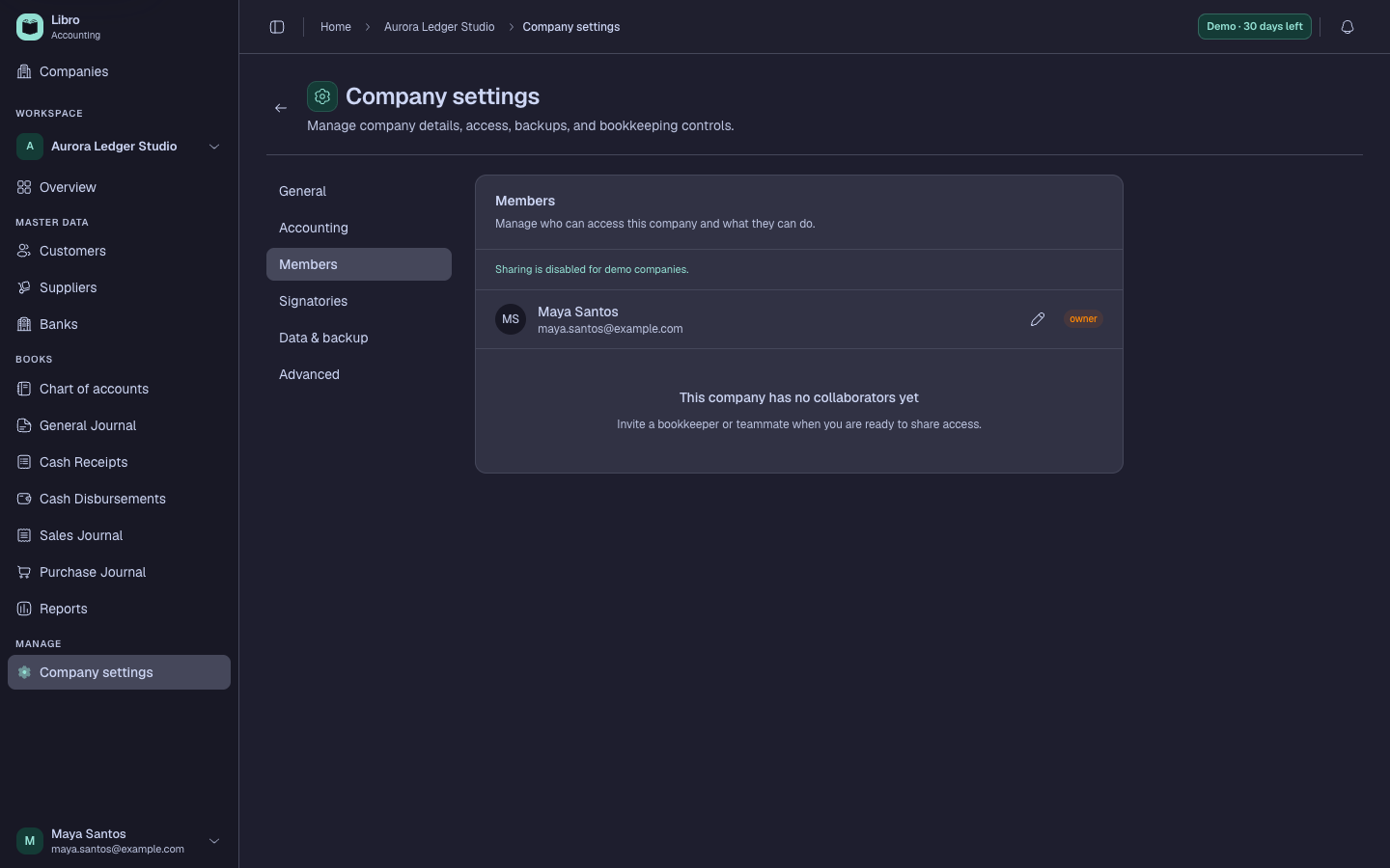 Synthetic company members screen in dark mode