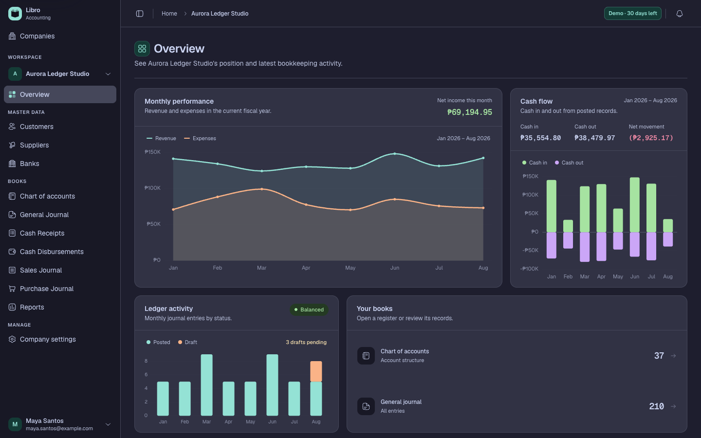 Synthetic Libro overview in dark mode