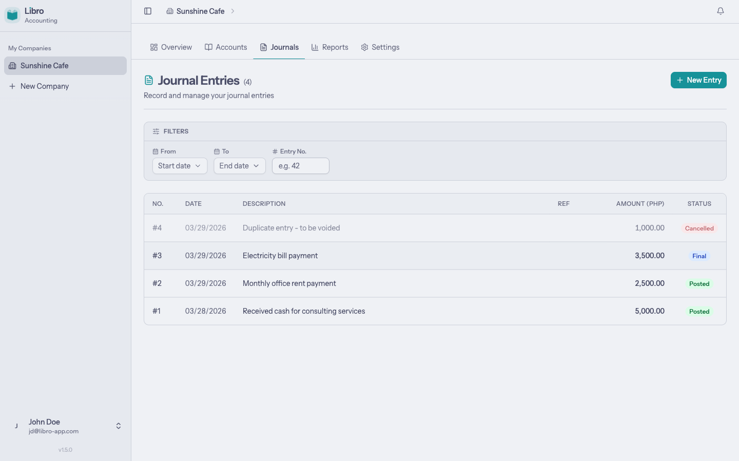 Journal entries list