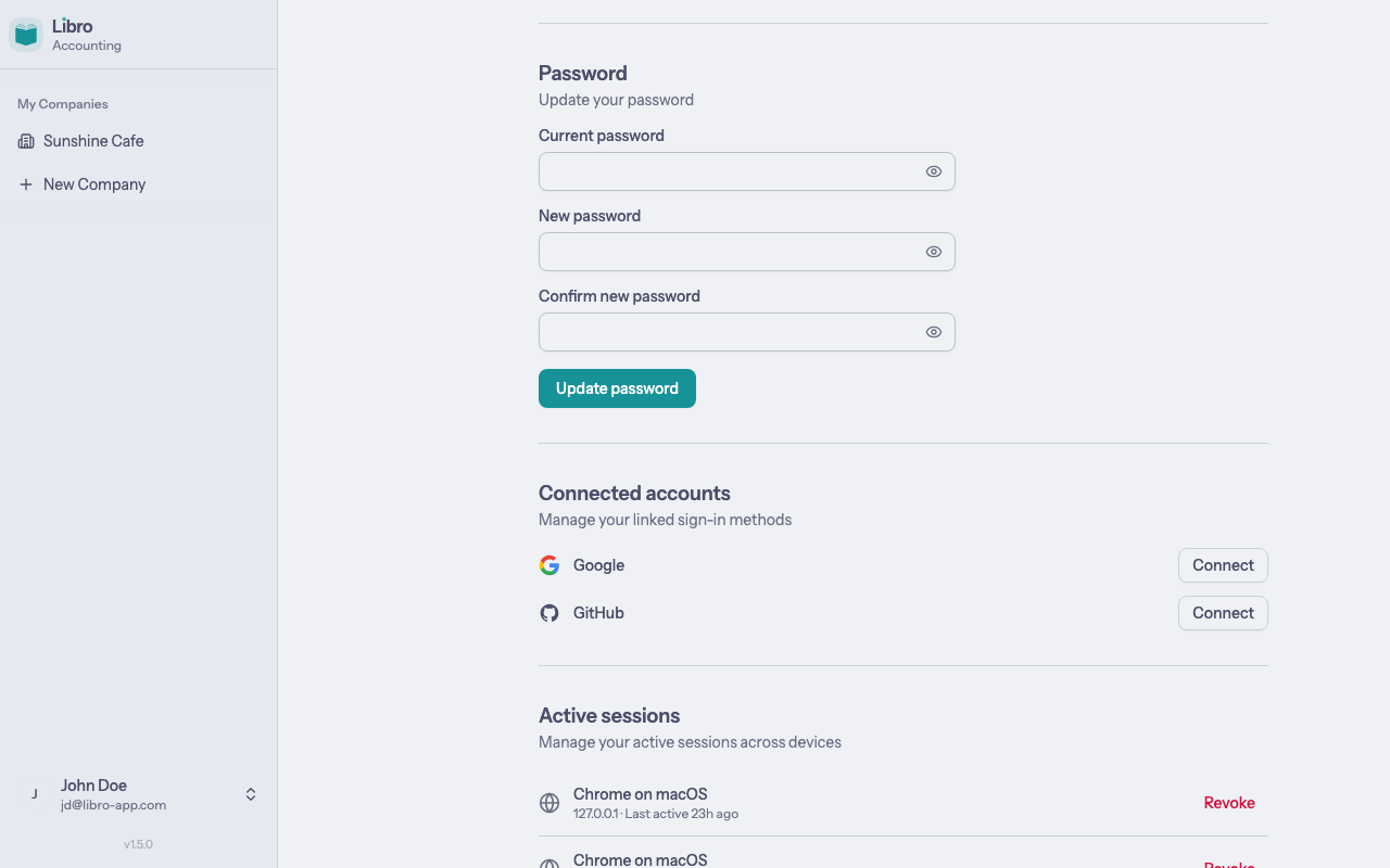 Account settings - Connected accounts and Sessions